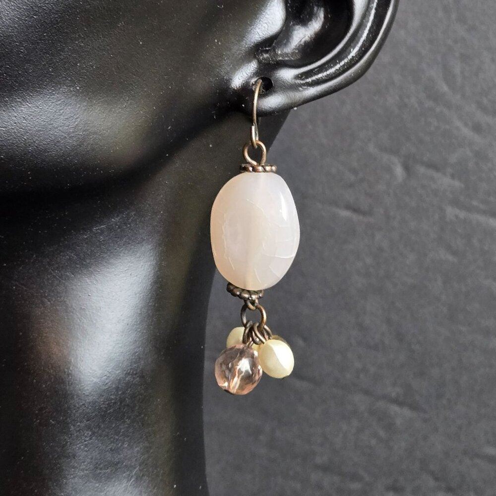 Boho Dangle Earrings Pale Pink Quartz Bead Faux Pearl Citrine Glass Bead Cluster